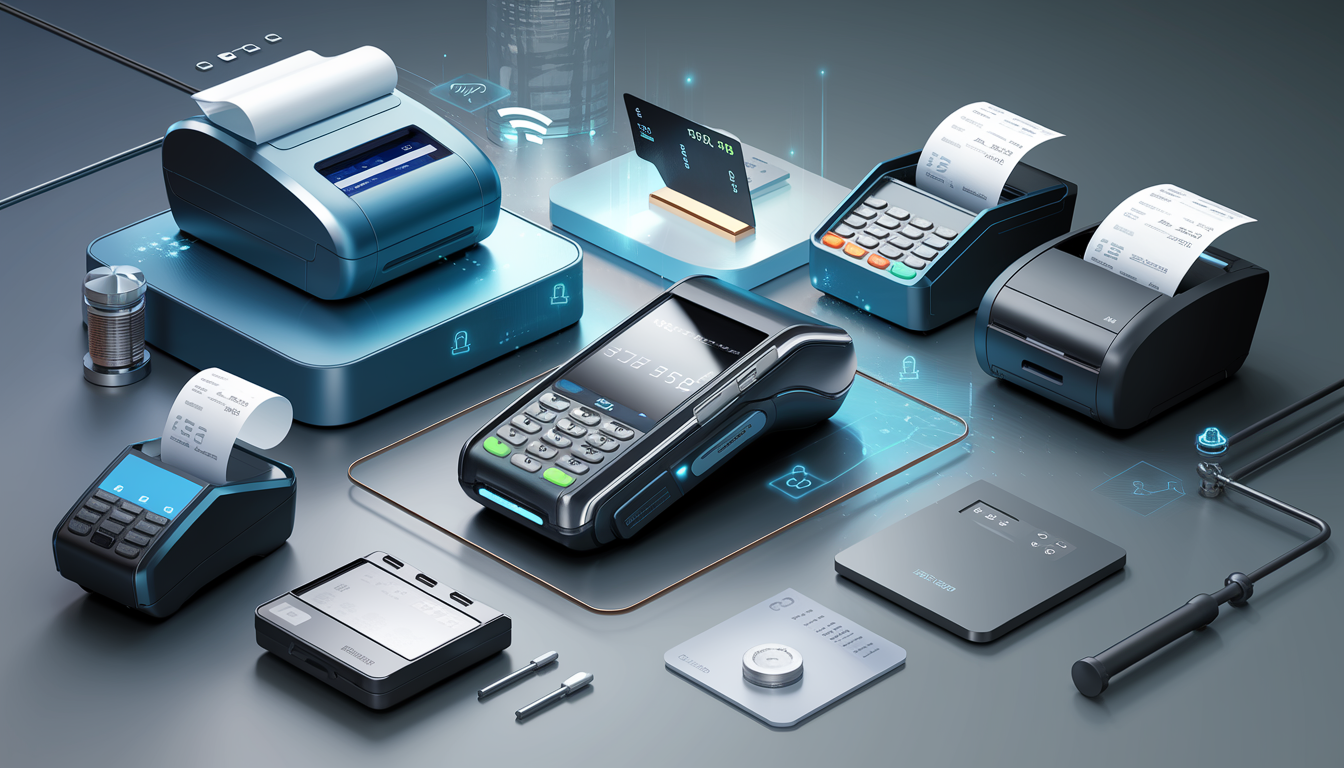 A sleek, wireless credit card terminal processing an NFC mobile payment in a modern retail environment surrounded by organized POS accessories.