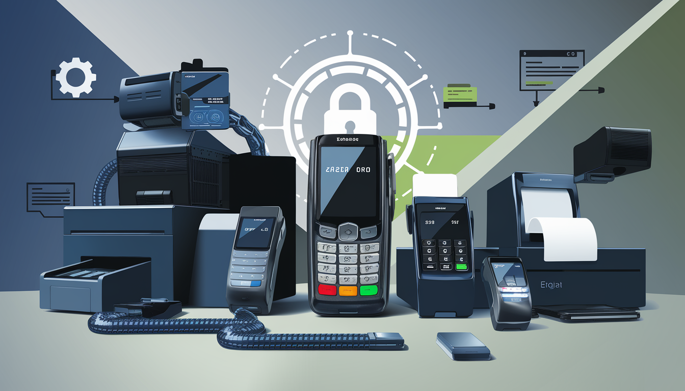 A digital illustration of a modern retail environment featuring sophisticated POS equipment and encryption symbols.