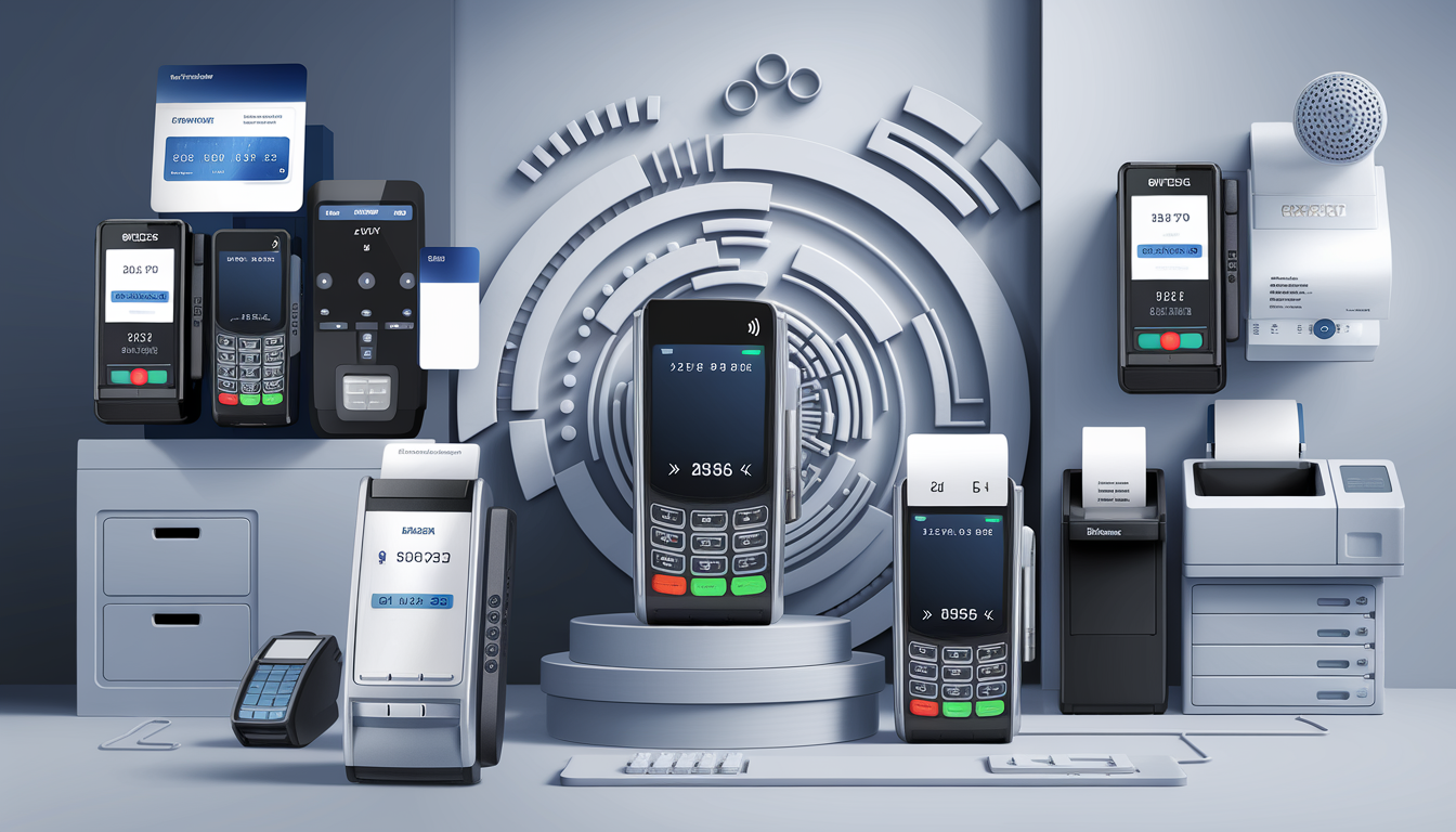 A digital illustration of various modern contactless payment devices, including credit card terminals, mobile devices, and security motifs, set in a business environment.