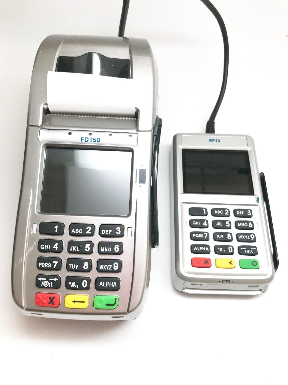 Modern retail environment with diverse merchants using POS equipment, including credit card terminals, PIN pads, and barcode scanners, highlighting seamless transactions with a business-focused blue and gray color palette.