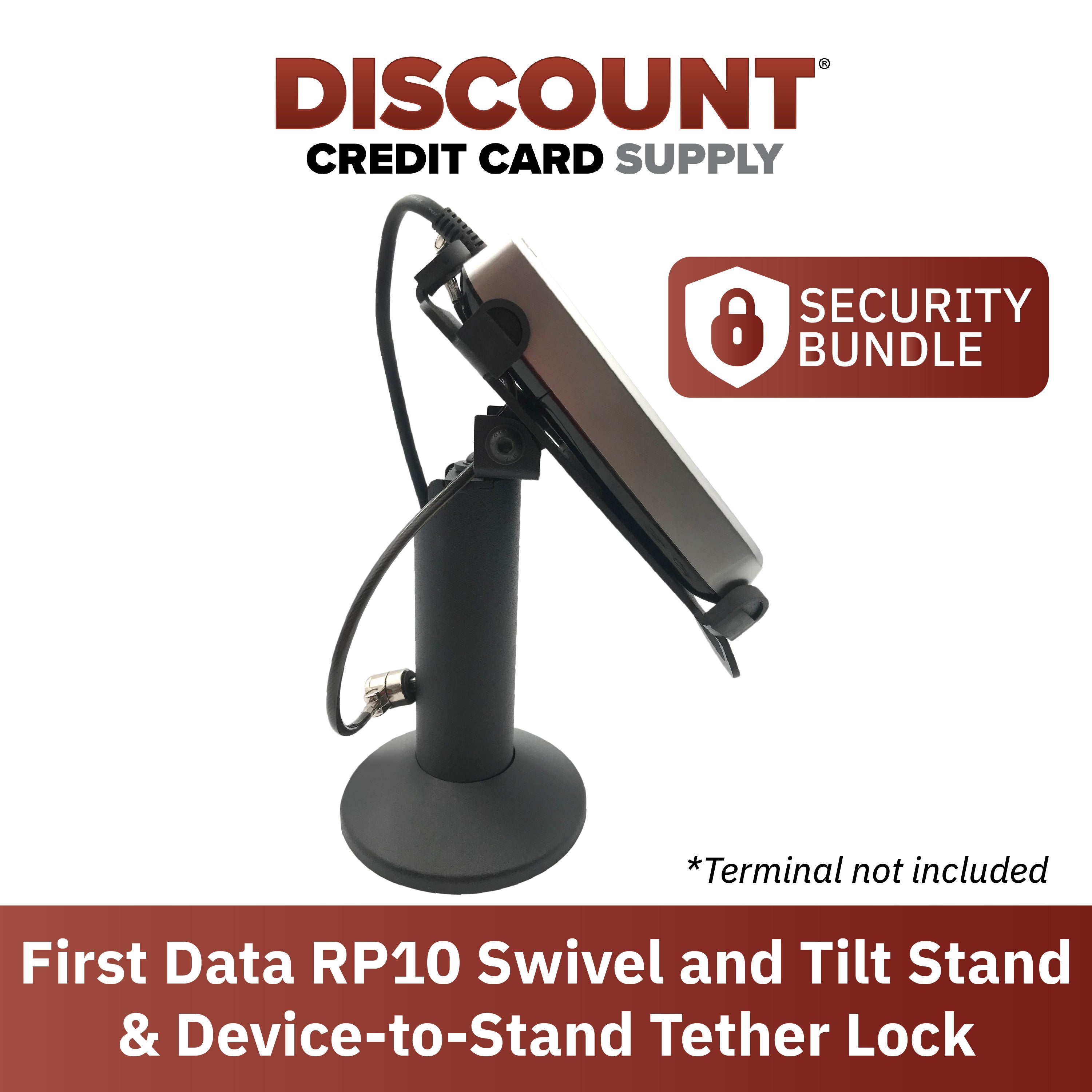 First Data RP10 Swivel and Tilt Terminal Stand with Device to Stand Security Tether Lock, Two Keys 8" (Black) - DCCSUPPLY.COM