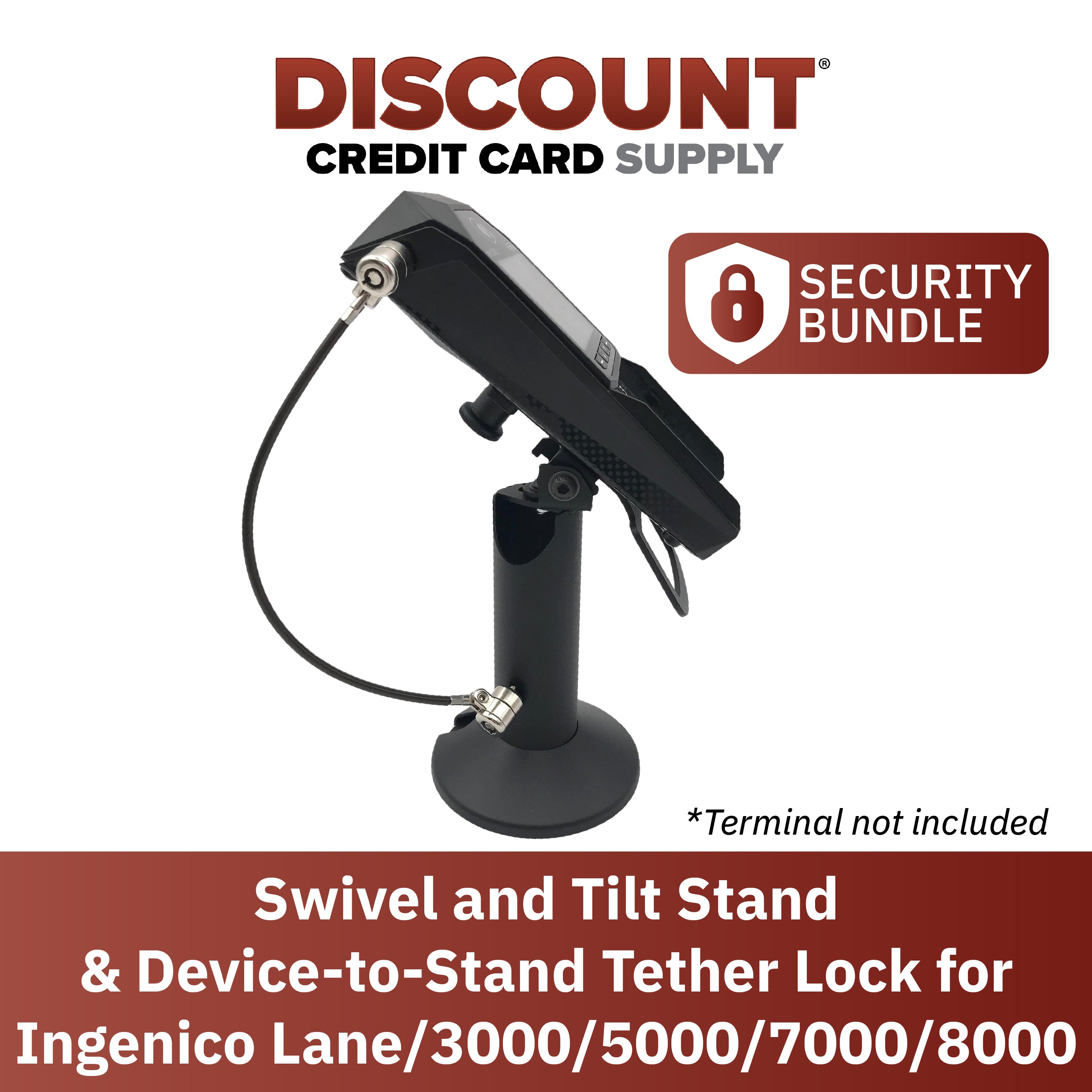 Ingenico Lane/3000/5000/7000/8000 Swivel and Tilt Terminal Stand with Device to Stand Security Tether Lock, Two Keys 8" (Black) - DCCSUPPLY.COM