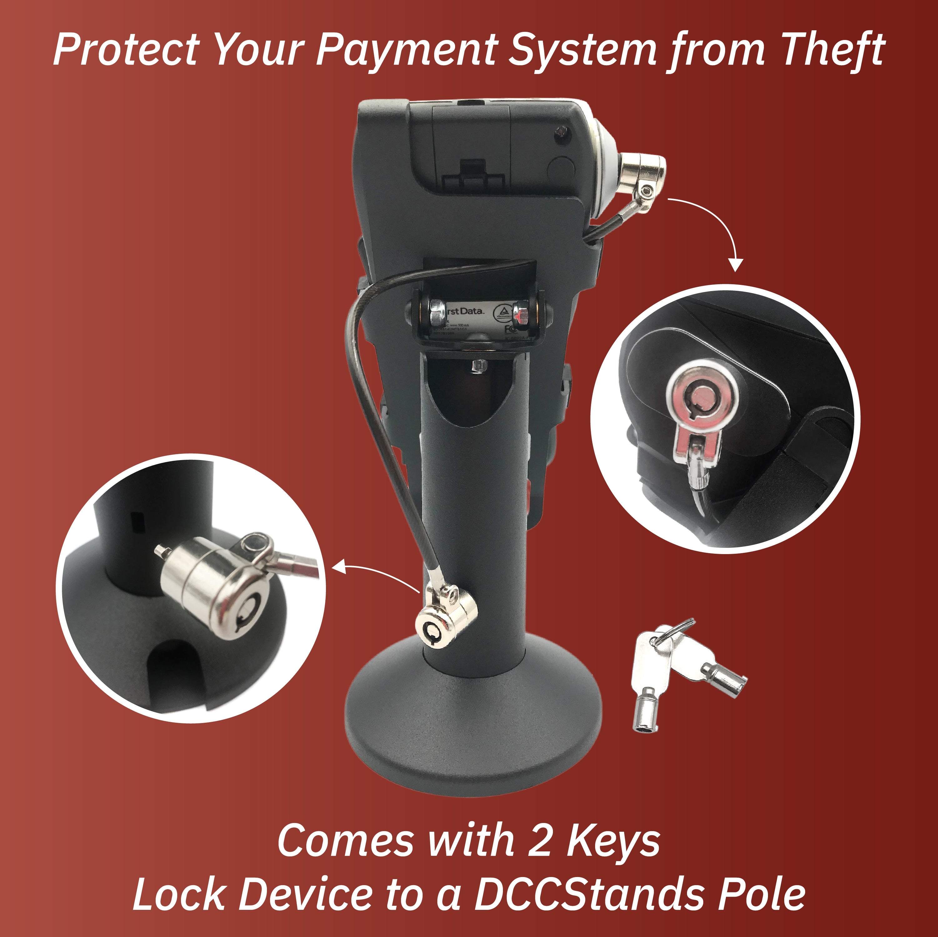 First Data FD35 / FD40 Swivel and Tilt Stand with Device to Stand Security Tether Lock, Two Keys 8" (Black) - DCCSUPPLY.COM